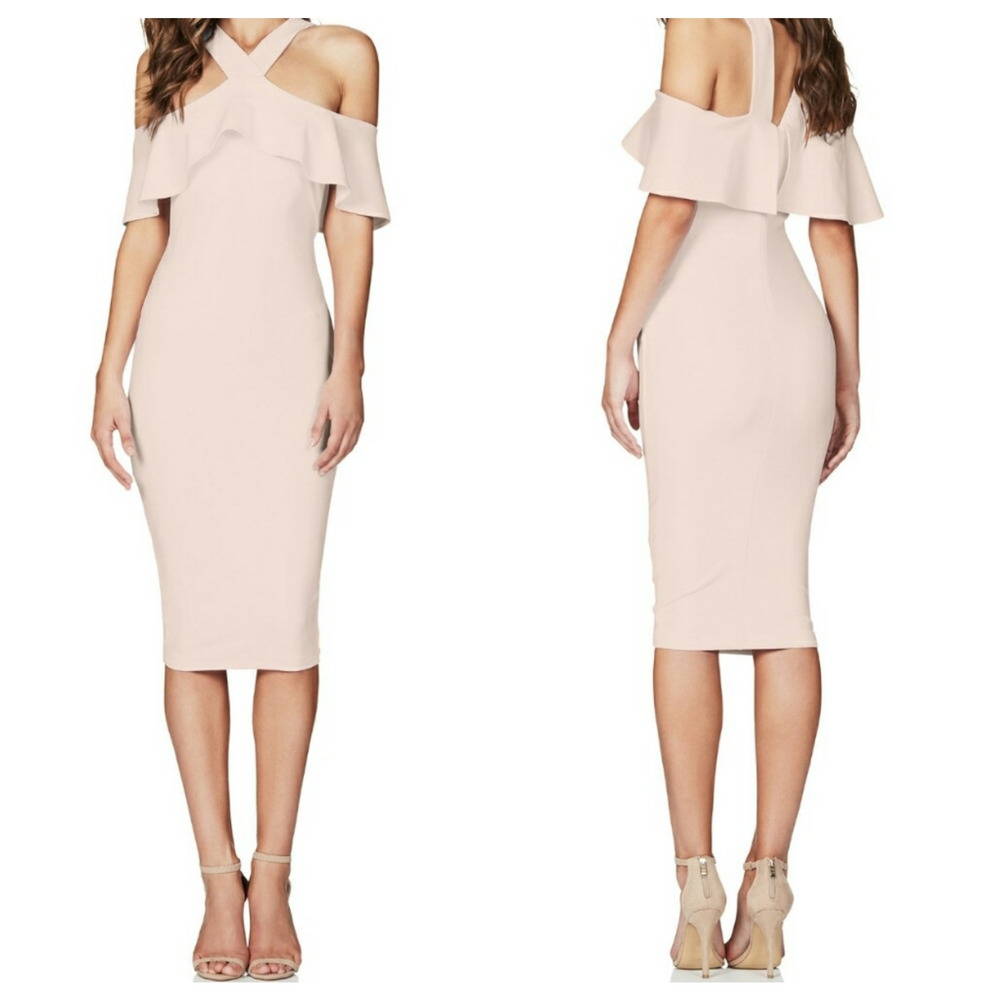 Nookie Hermosa Midi Dress Blush Pink Ruffle Cross Bodycon S New